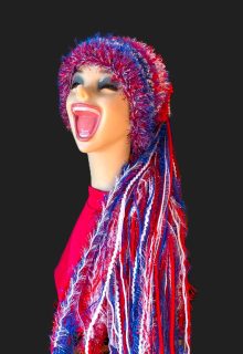 July 4th-Patriotic Custom Crocheted Hat for Parades, Parties in Red/White/Blue with Sparkle & Fringe