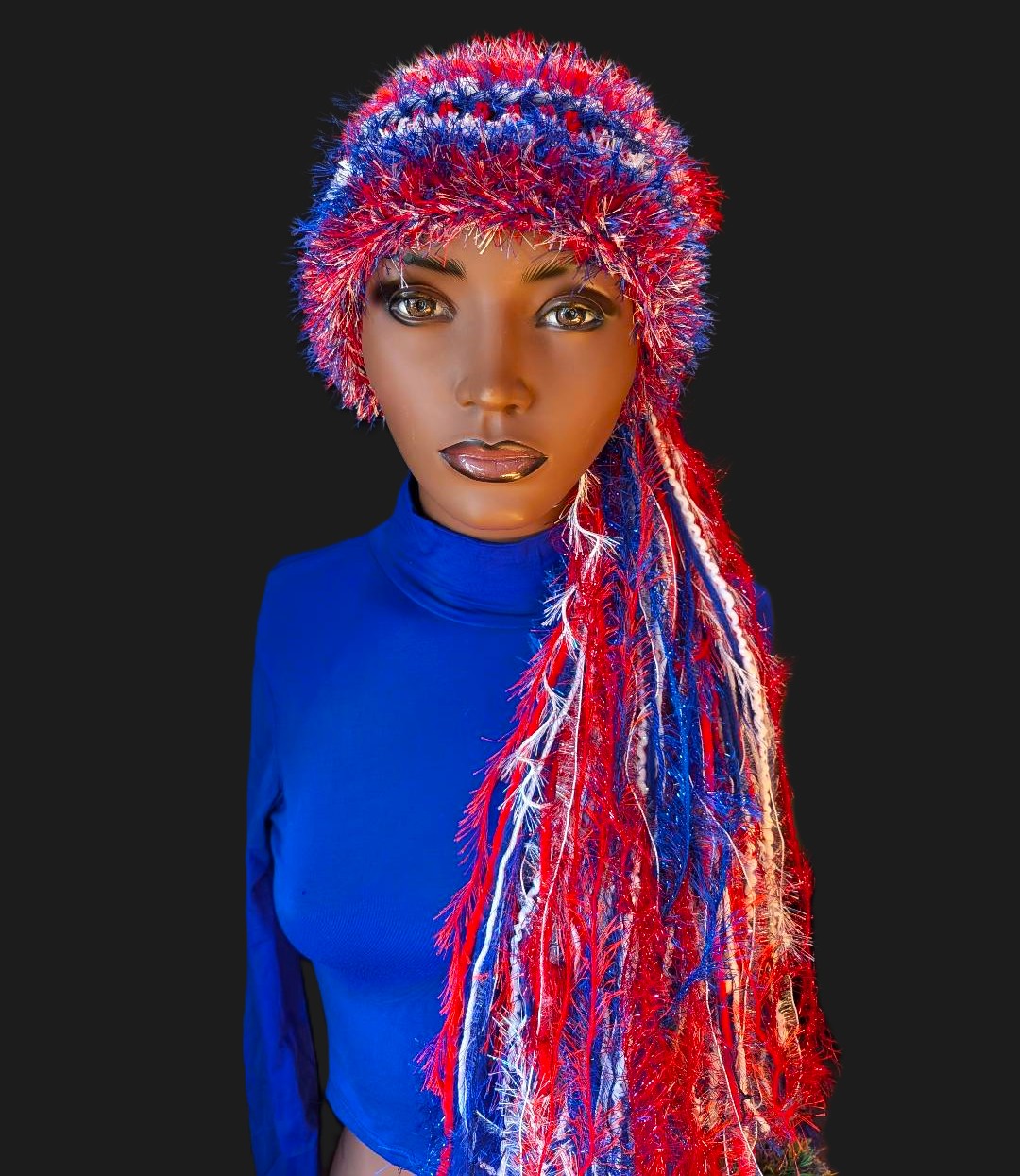 Bright Red, White Blue Slouchy Beanie Hat with Sparkle, Texture, Fur & Long Tail Fringe. Front View.