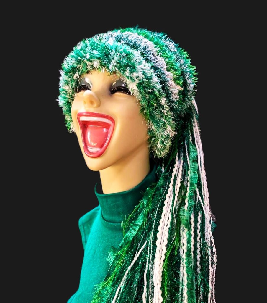 Bright Green & White Slouchy Beanie Hat with Sparkle, Texture, Fur & Long Fringe Tail in Side View.