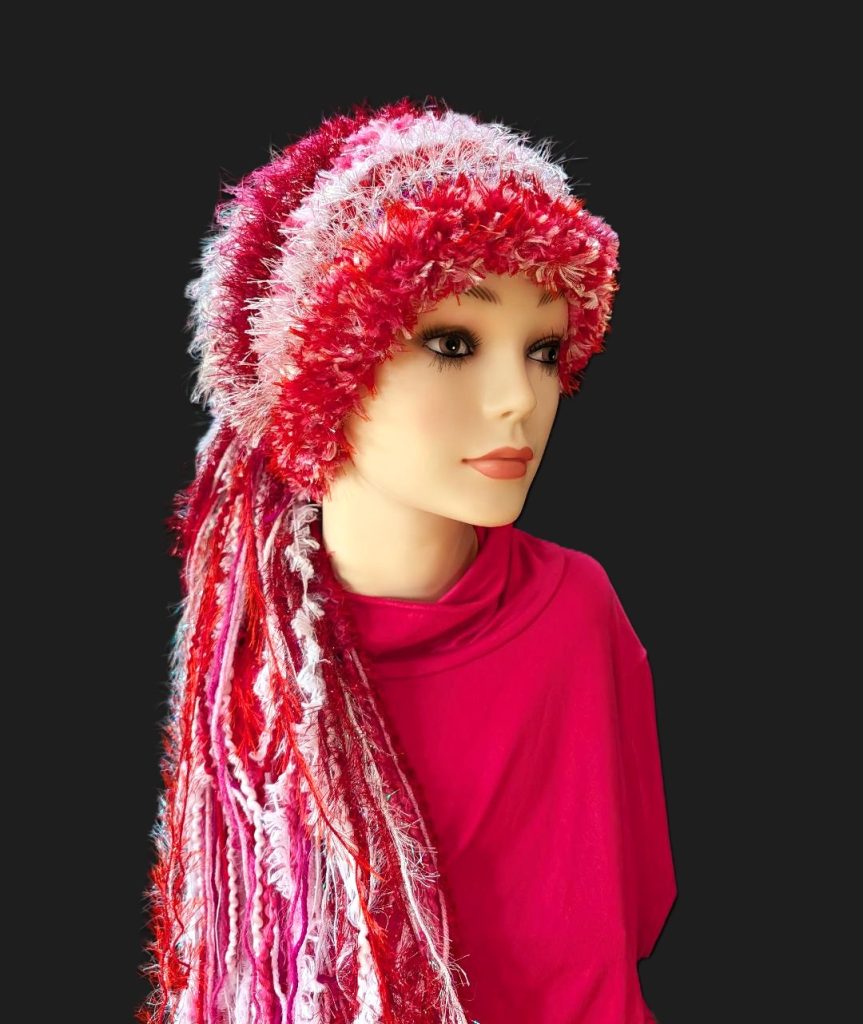 Red, Hot Pink & White Valentine's Day Colors Slouchy Beanie Hat with Sparkle, Texture, Fur & Long Tail Fringe. Front View