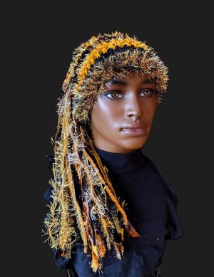 Black and Gold Slouchy Beanie Hat with Sparkle, Texture, Fur & Long Tail Fringe. Front View