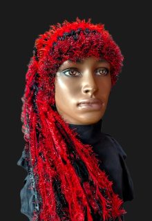 Red & Black School Team Colors Custom Crocheted Spirit Hat with Sparkle & Fringe