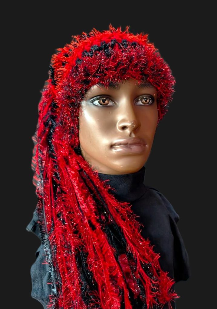 Black and Red Slouchy Beanie Hat with Sparkle, Texture, Fur & Long Tail Fringe. Front View.