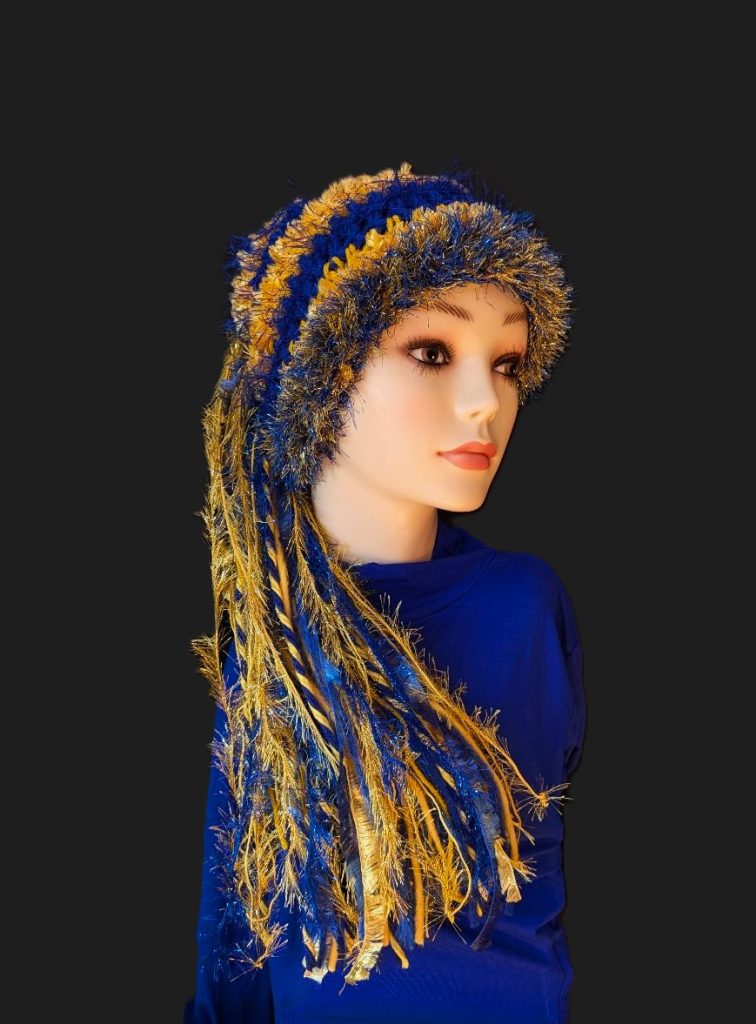 Bright Blue and Gold Slouchy Beanie Hat with Sparkle, Texture, Fur & Long Tail Fringe. Front View