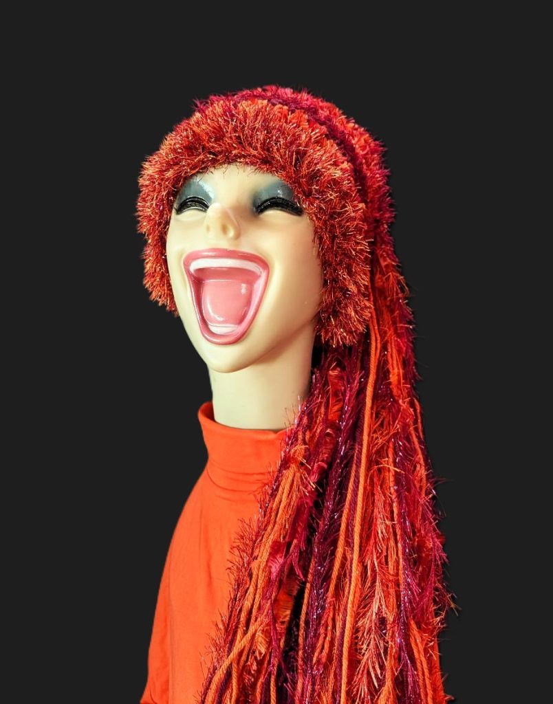 Bright Orange and Maroon Slouchy Beanie Hat with Sparkle, Texture, Fur & Long Tail Fringe. Front View