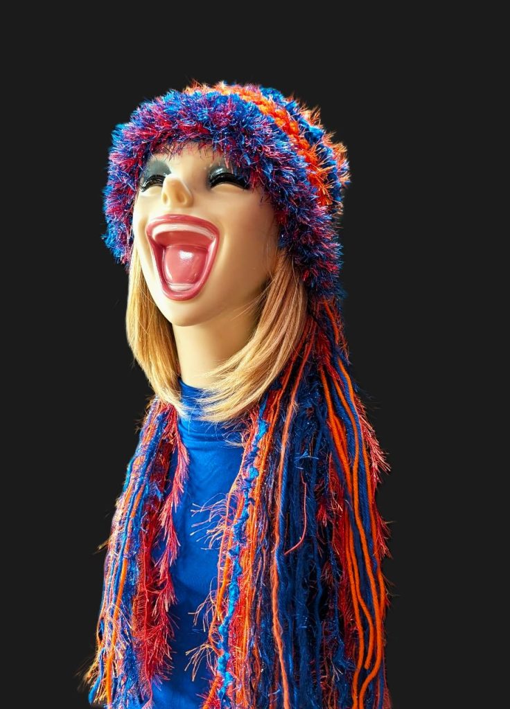 Royal Blue and Orange Bright Slouchy Beanie Hat with Sparkle, Texture, Fur & Long Tail Fringe. Front View