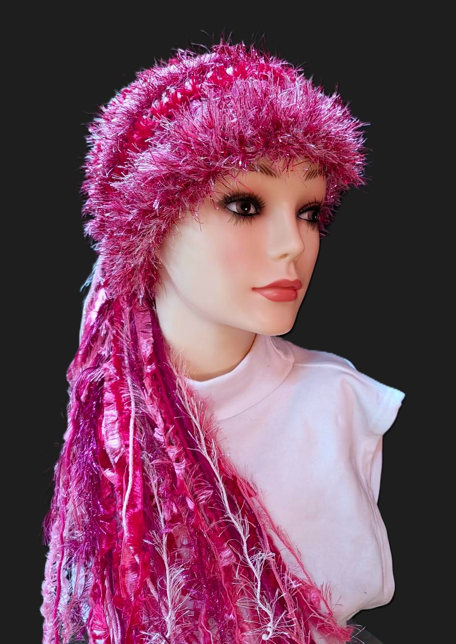 Crocheted Slouchy Beanie Hat in Shades of Pink with Sparkle, Texture, Fur & Long Tail Fringe. Front View